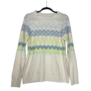 LOFT Fairisle Wool Sweater Multicolor Cream Green Blue Pink Crewneck Size Medium